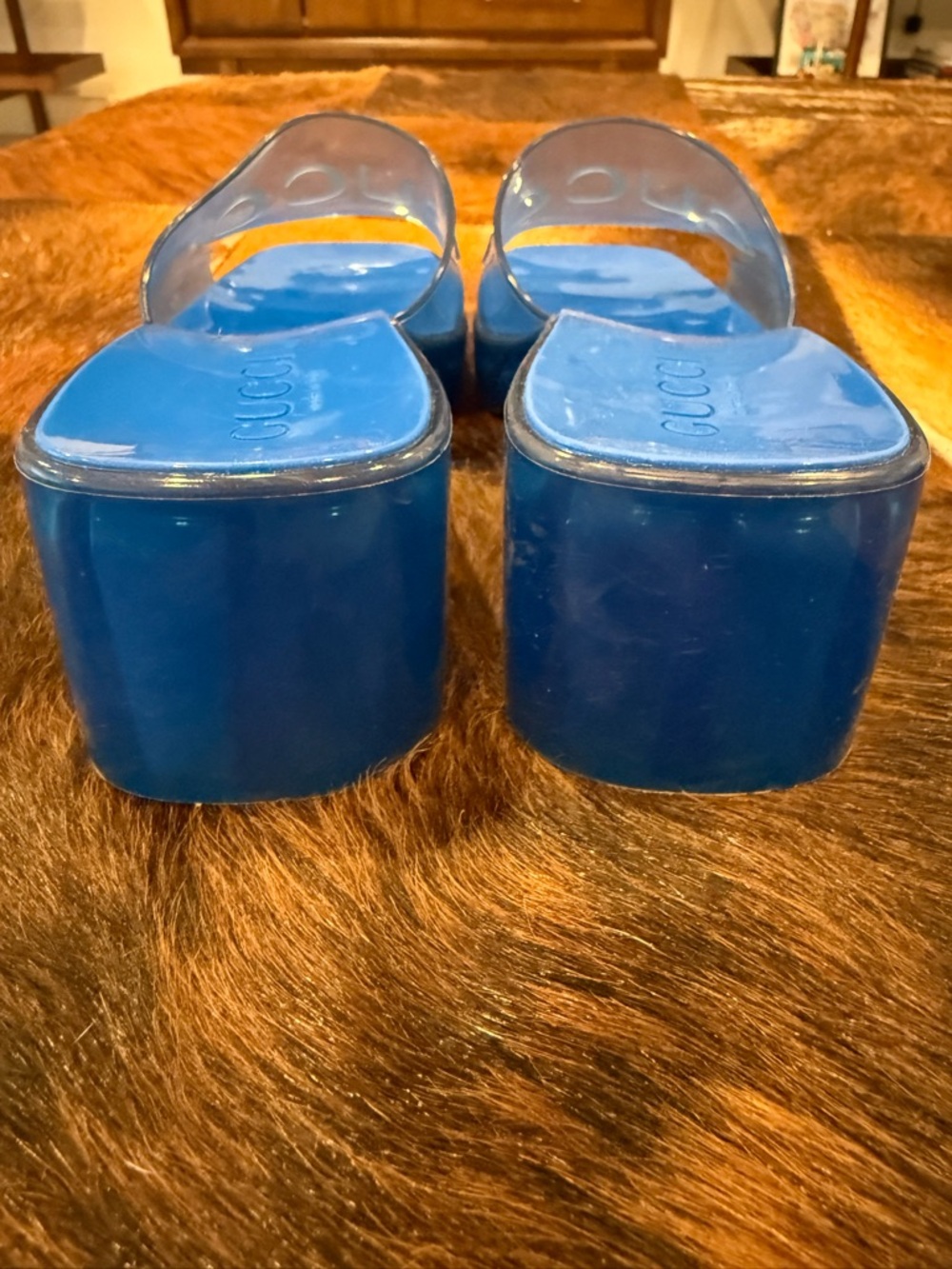 Gucci Blue Rubber Heeled Slide Sandals - Picture 6 of 8
